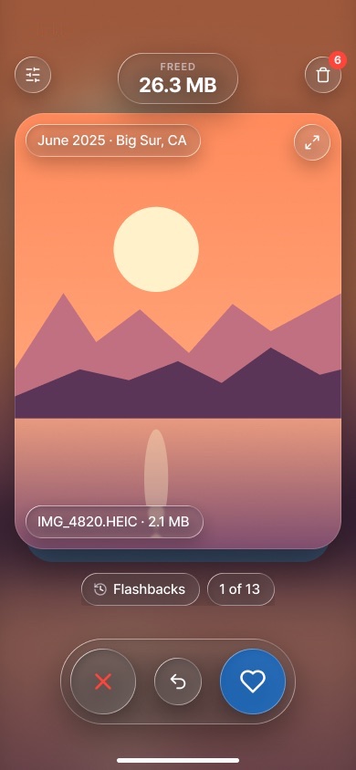 Photos Swipe on an iPhone: a sunset photo card with keep and trash buttons, and 26.3 MB freed.
